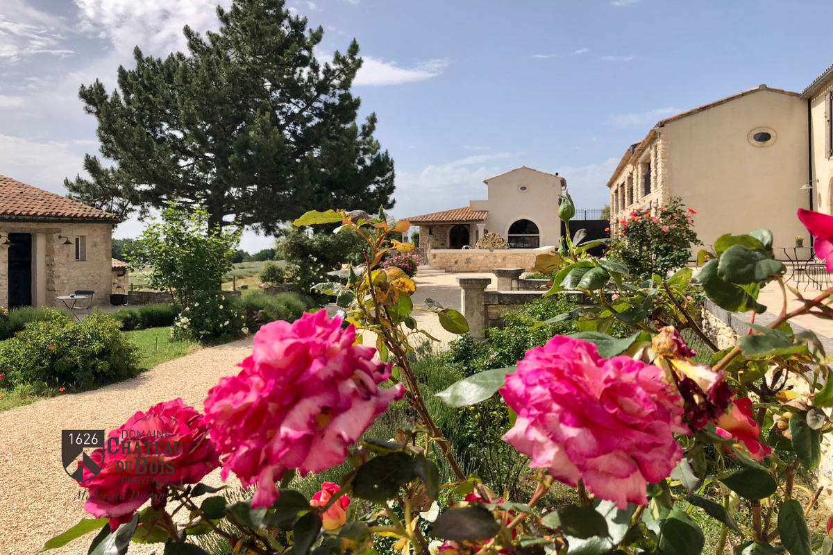 Une vue de la cour intérieure du Domaine Château du Bois avec sa piscine extérieure chauffée, son bâtiment bien-être et son parterre de fleurs