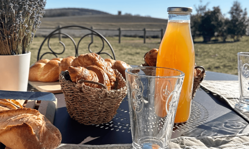 Petit déjeuner en terrasse avec vue sur les champs de lavande fine du Domaine Château du Bois