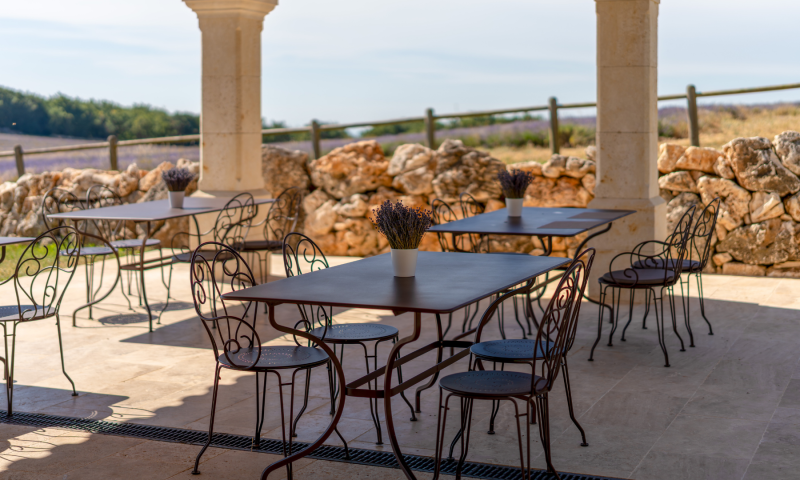 Table en terrasse avec vue sur les champs de lavande du Domaine Château du Bois
