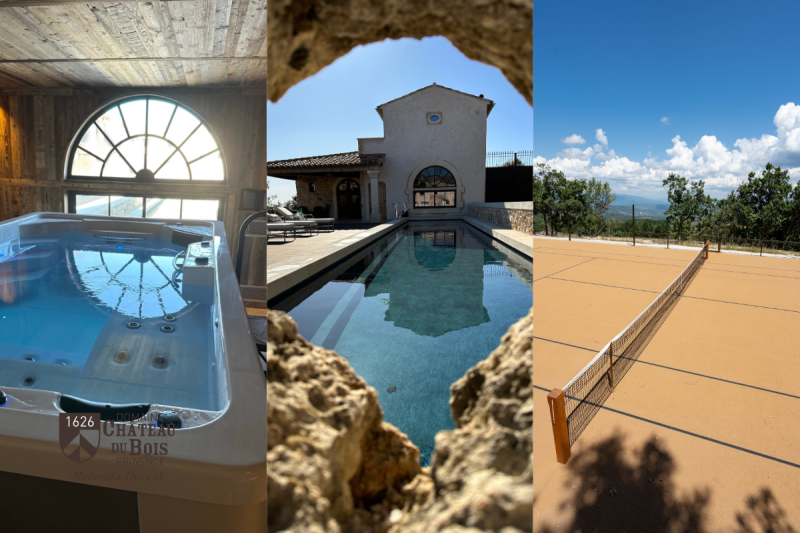 Triptyque montrant le spa, la piscine chauffée et le court de tennis du Domaine Château du Bois